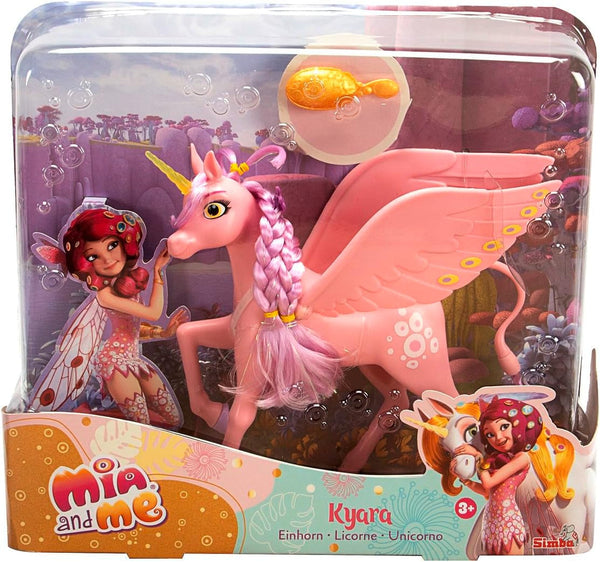 Simba 109480092 - Mia and Me Unicorn Kyara, cu aripi mobile, agrafe de păr și perie pentru coafat, 20 cm, de la 3 ani, roz