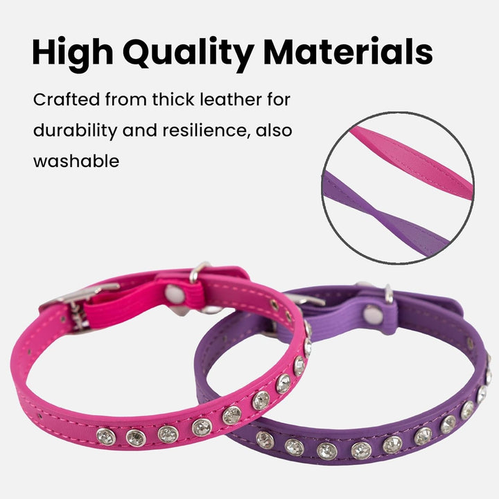Zgardă pentru pisici Petinstinct, cu 2 piese, în formă de diamant, cu închidere elastică de siguranță și clopoțel, zgardă din piele PU pentru pisici, accesorii pentru pisici, dimensiune reglabilă de la 19 la 29 cm, violet și fuchsia