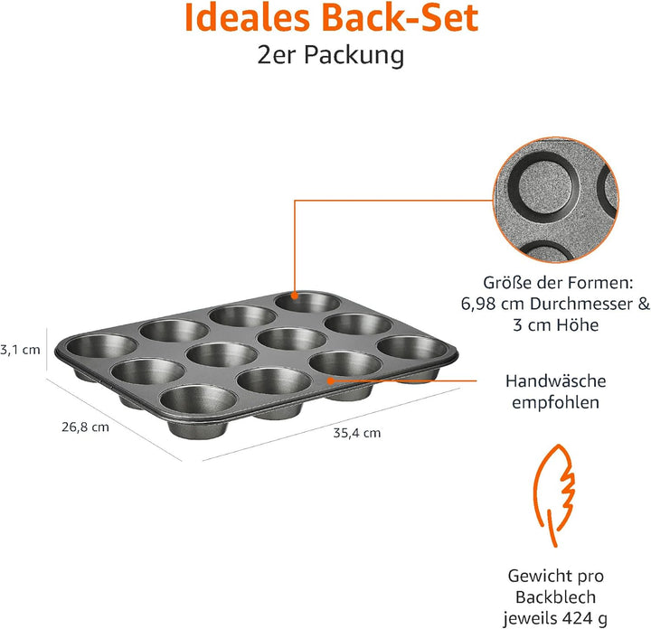 Amazon Basics - Rund Backblech Für Muffins, Antihaftbeschichtet, Karbonstahl, 2Er-Pack, Grau, 13.9"X10.55"X1.22"