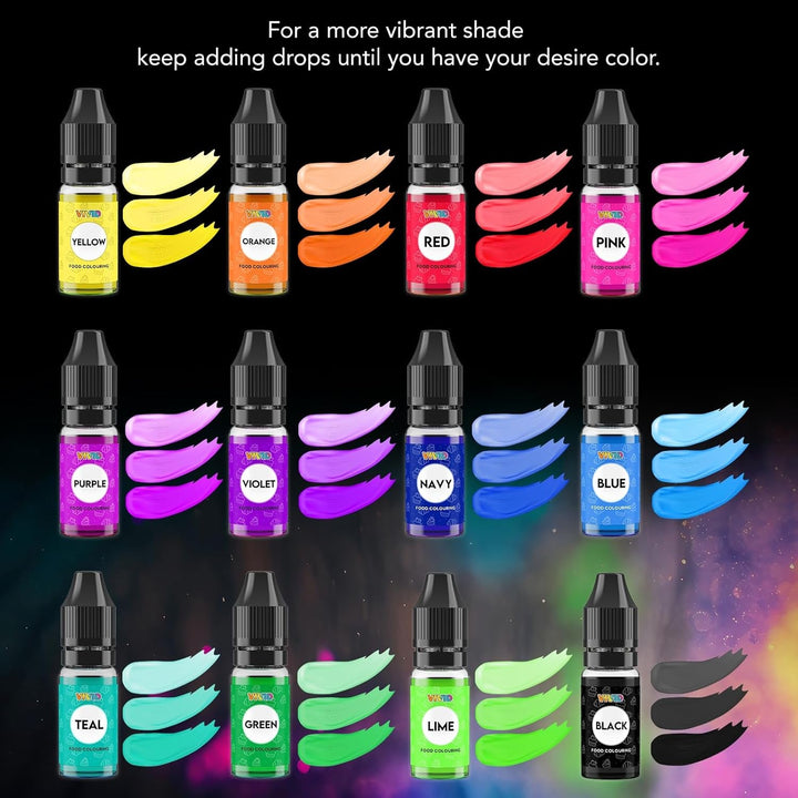 Colorant alimentar VIVID 12 x 10ml - Coloranți alimentari lichizi concentrați comestibili pentru copt torturi, prăjituri, fondant - Culori vibrante pentru decorare și gătit, aerografare, săpunuri DIY