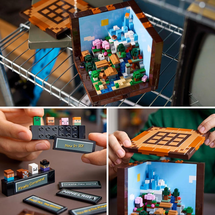 Set de construcție LEGO Minecraft The Workbench, set de jocuri video cu 8 figuri, inclusiv Steve, Alex, creaturi și biome, model aniversar 15, idee de cadou pentru adulți, bărbați și femei 21265