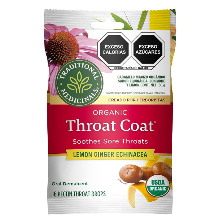 Lozenges, Organic Throat Coat Lemon Ginger Echinacea, Sore Throat Support, 16 Individually Wrapped Lozenges Tea USA Naty Shop