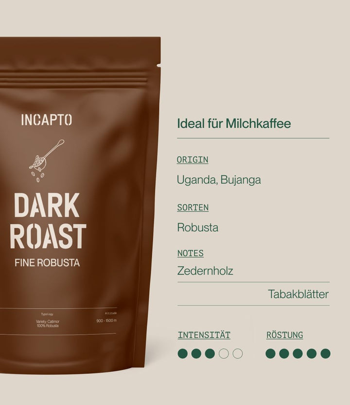 Incapto Kaffeebohnen Dark Roast | Mit Viel Koffein | Single-Origin Uganda | Espresso 100% Robusta | Sehr Kräftiger Und Vollmundiger Bohnenkaffee | Plantage Bujanga, Victoria Lake, 1Kg