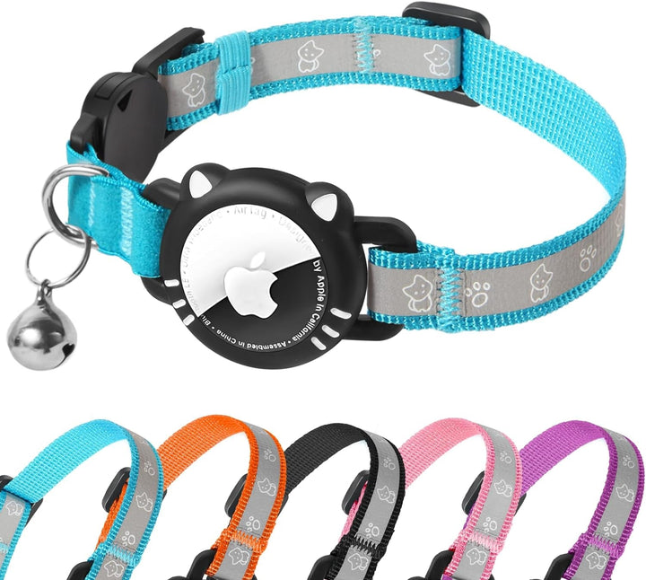 Zgardă pentru pisici Agoumlux Airtag, reflectorizantă, cu închidere de siguranță, cu clopoțel, cu carcasă Airtag reglabilă pentru pisici, negru, S (23-33 cm)