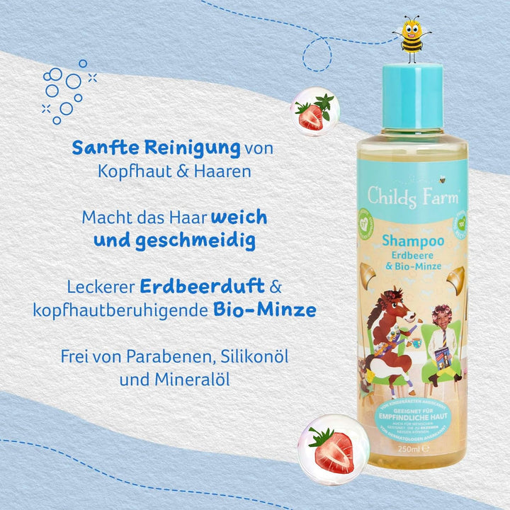 Șampon pentru copii Childs Farm 250 ml | Căpșuni și mentă organică | Toate tipurile de păr | Demontează și hrănește | Potrivit pentru pielea uscată, sensibilă și predispusă la neurodermatită
