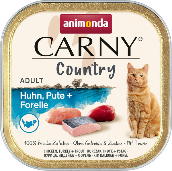 Hrană pentru pisici Adult Country, hrană umedă pentru pisici într-o tavă porționată practică cu pui, curcan + păstrăv, 32 X 100G