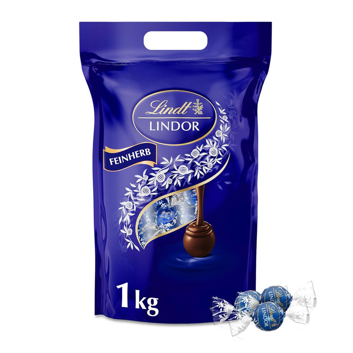 Lindt LINDOR Schokoladen Kugeln Feinherb | 1 Kg Beutel, Wiederverschließbar | Ca. 80 Kugeln Dunkle | Großpackung, Pralinen-Geschenk, Schokoladengeschenk