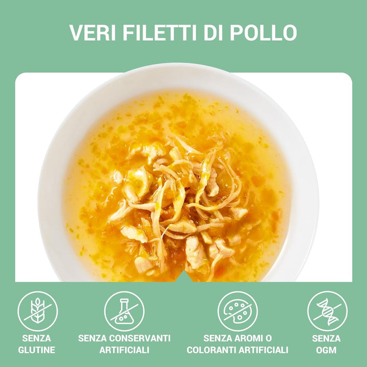 , Supă cu fileuri de pui cu morcovi și dovleac, hrană umedă complementară pentru pisici, rețeta originală, 100% naturală, 12 pungi a câte 40 g