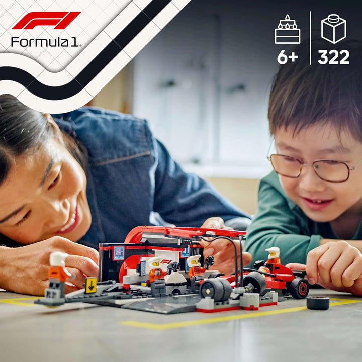 LEGO City F1 Pit Stop cu echipa și Ferrari Speedster - Set Formula 1 Pit Stop cu 1 pilot de curse și 4 minifigurine mecanice - Jucărie pentru mașini de curse pentru băieți și fete peste 6 ani - 60443