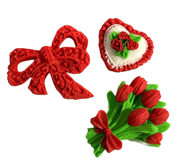 Set 3 decoratiuni comestibile din zahar, Buchet lalele, funda si inima - Nati Shop