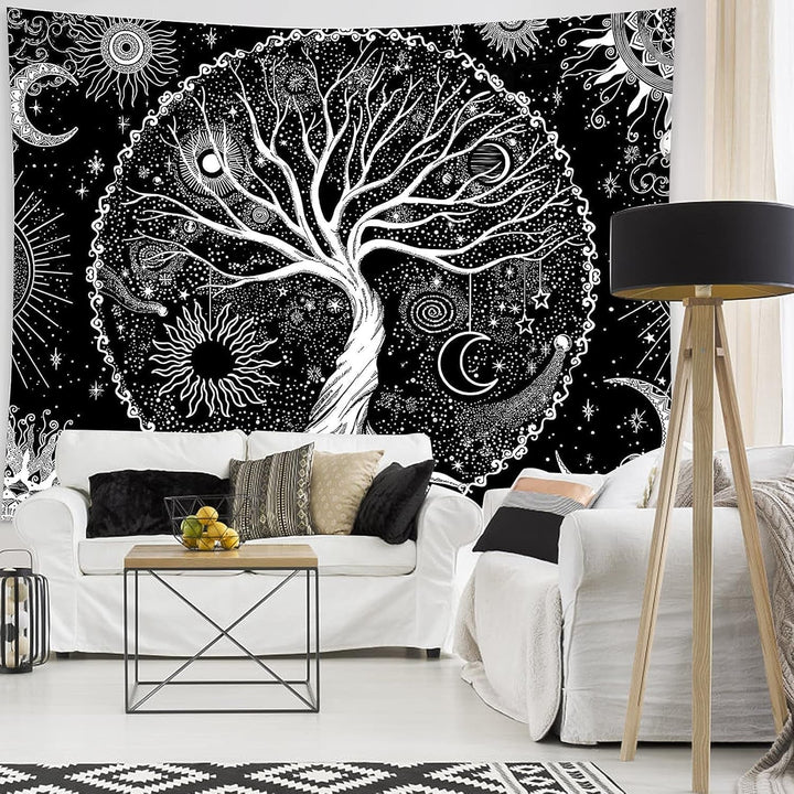 Tapiserie negru alb copac viata tapiserii faze luna Casa - Accesorii si Decoratiuni Naty Shop